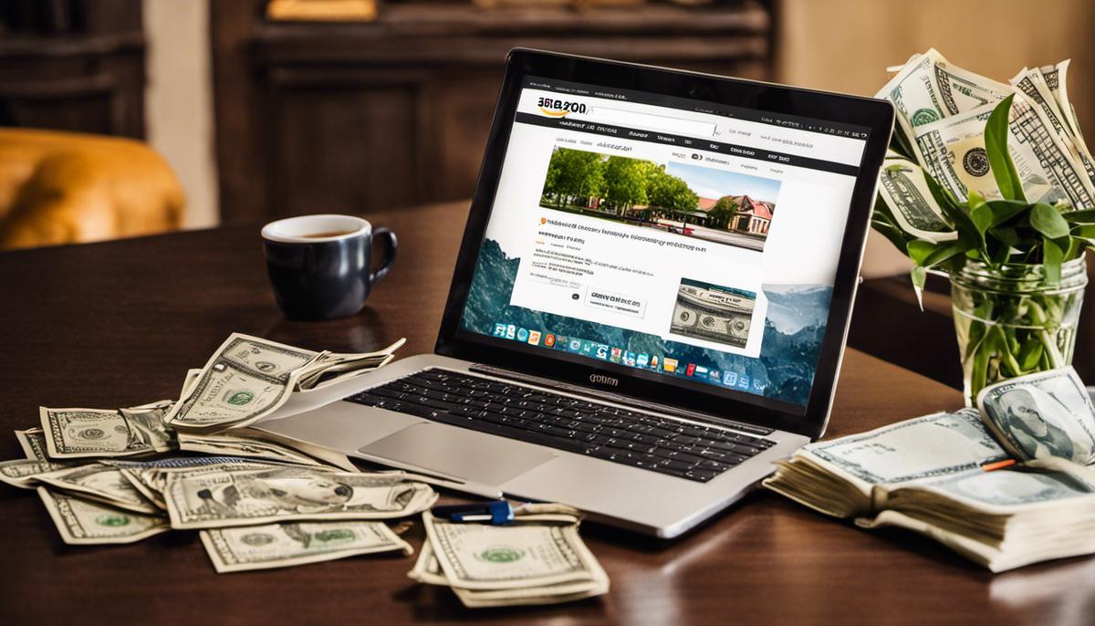 Image describing the benefits of Amazon Associates, showing a laptop with the Amazon logo on the screen and dollar bills floating around, representing the potential earnings.