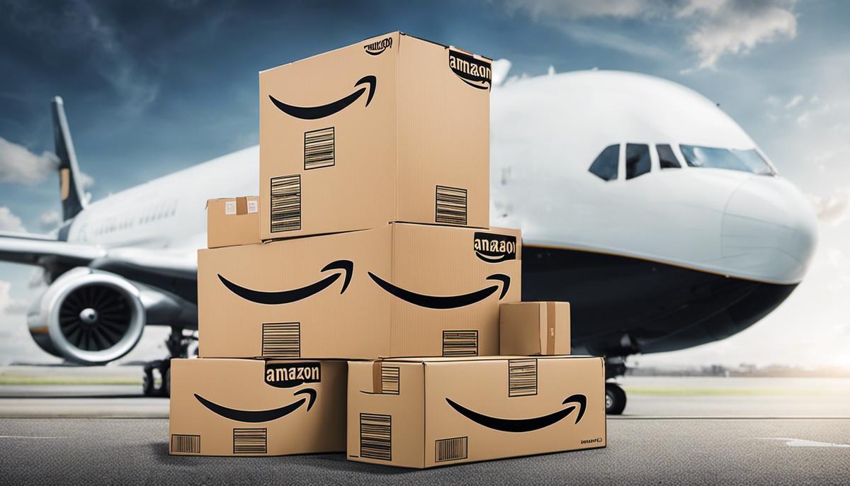 A picture of Amazon Fulfilled-by-Amazon logo with packages being shipped