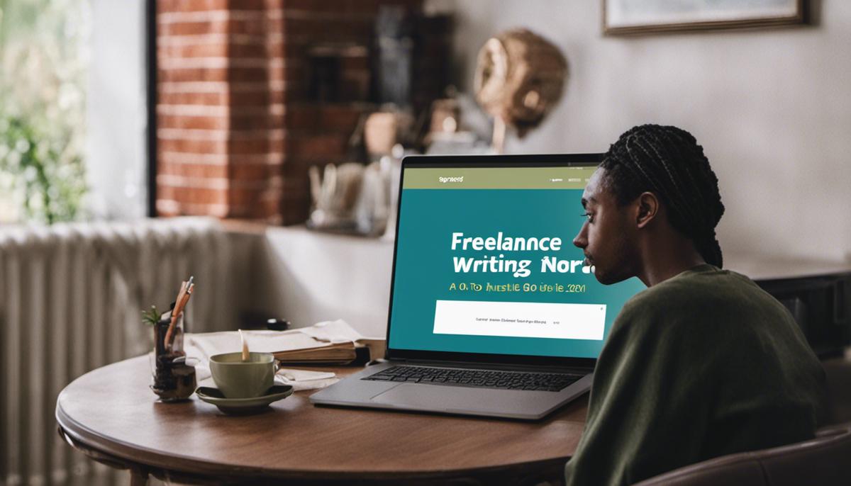 Image description: A person typing on a laptop with words on the screen saying 'Freelance Writing: A Go-to Side Hustle in 2021'.