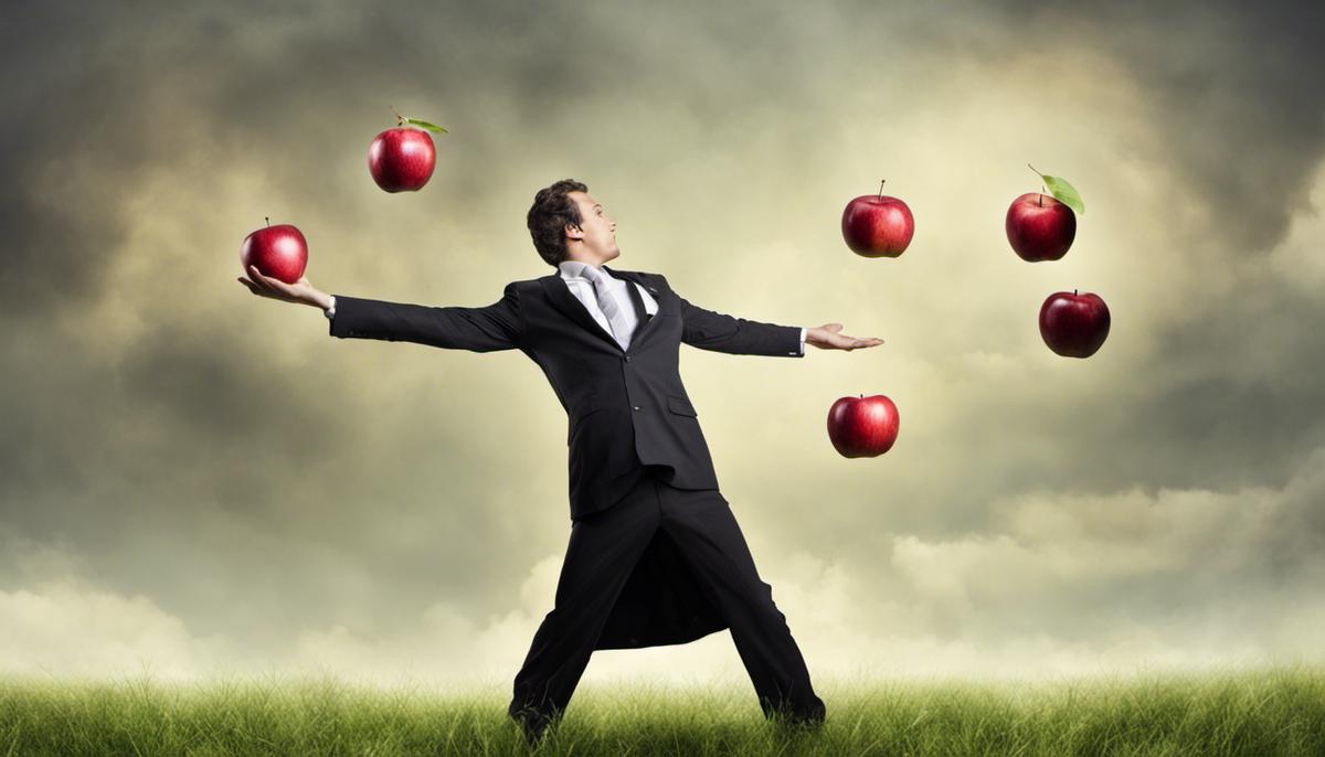 An image depicting a person juggling apples, representing the complexity of weight management and the role of psychological factors.