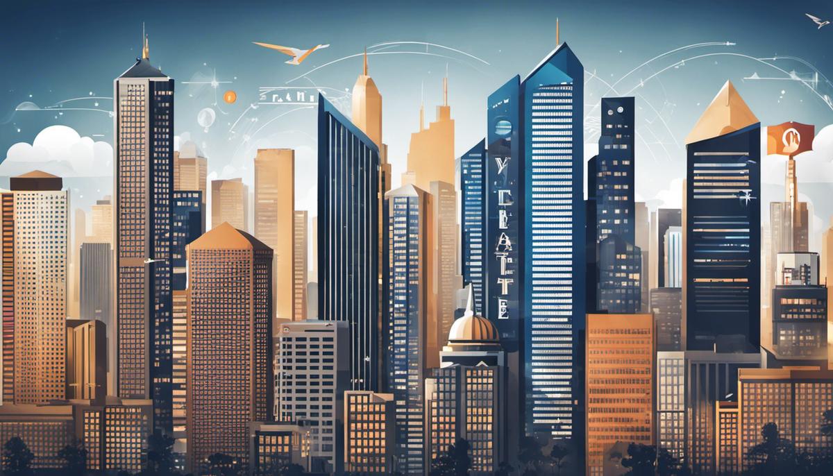 Illustration of a city skyline with real estate icons, representing the benefits and risks of real estate investing