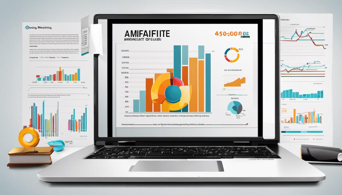 A laptop displaying affiliate marketing graphics and charts. The image represents the concept of affiliate marketing and its potential for success.