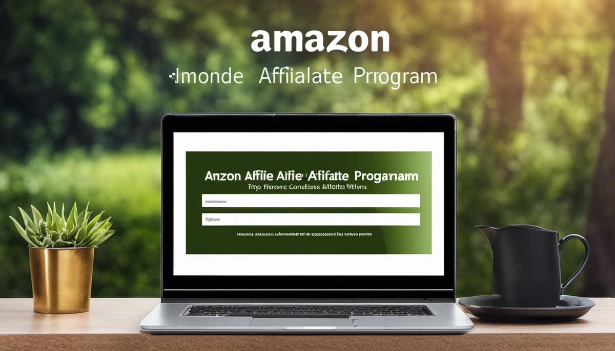 A laptop showing the Amazon logo with the text 'Amazon Affiliate Program'