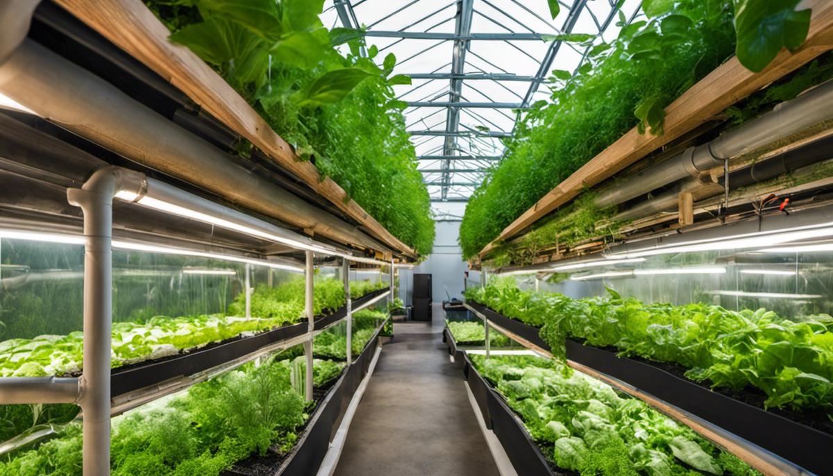 A lush aquaponics farm with tanks of fish and hydroponic plants, showcasing the sustainable and harmonious nature of the system.