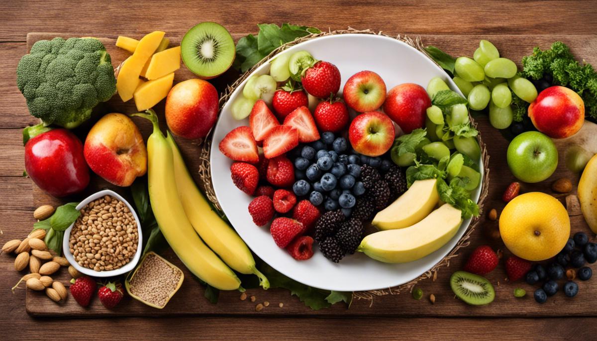 An image depicting a well-balanced plate of fruits, vegetables, whole grains, lean proteins, and healthy fats, representing a balanced diet for weight loss.