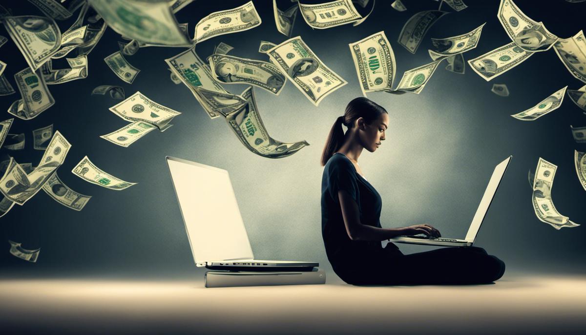 Image of a person typing on a laptop with dollar signs in the background, representing generating income through blogging.