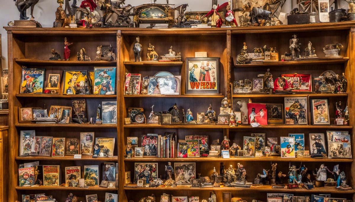 A diverse collection of collectible items on display, including vintage comic books, antique dolls, autographed memorabilia, and unique historical objects.