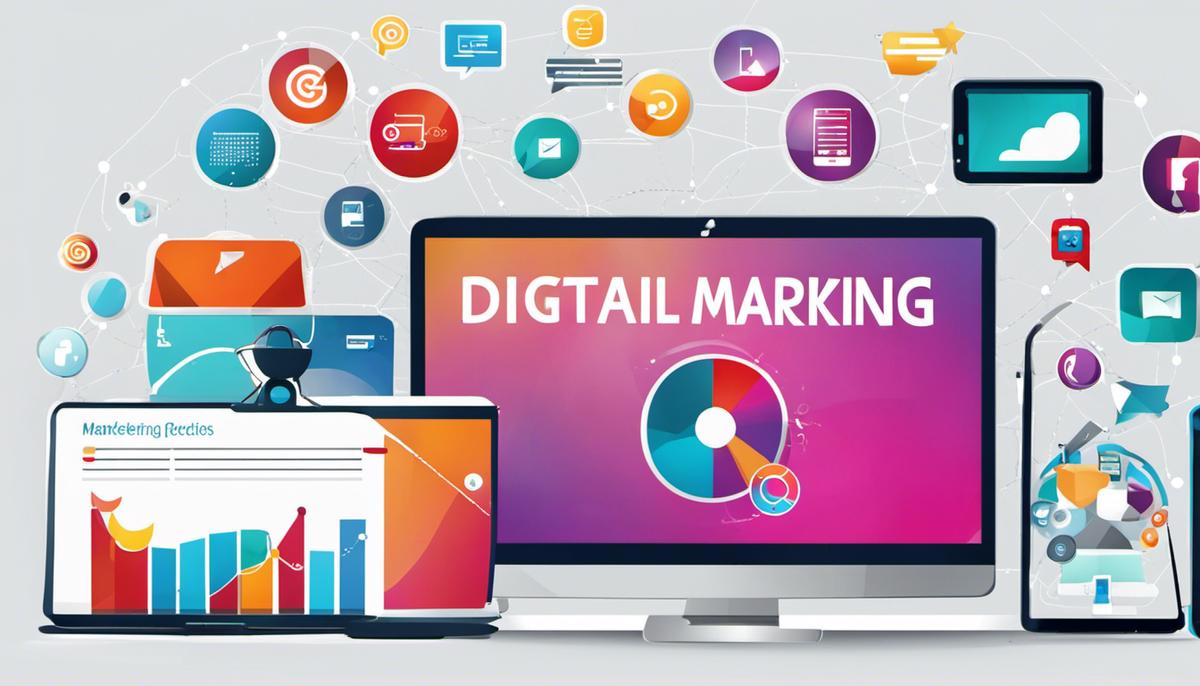 A visual representation of digital marketing consisting of various digital devices and media icons.