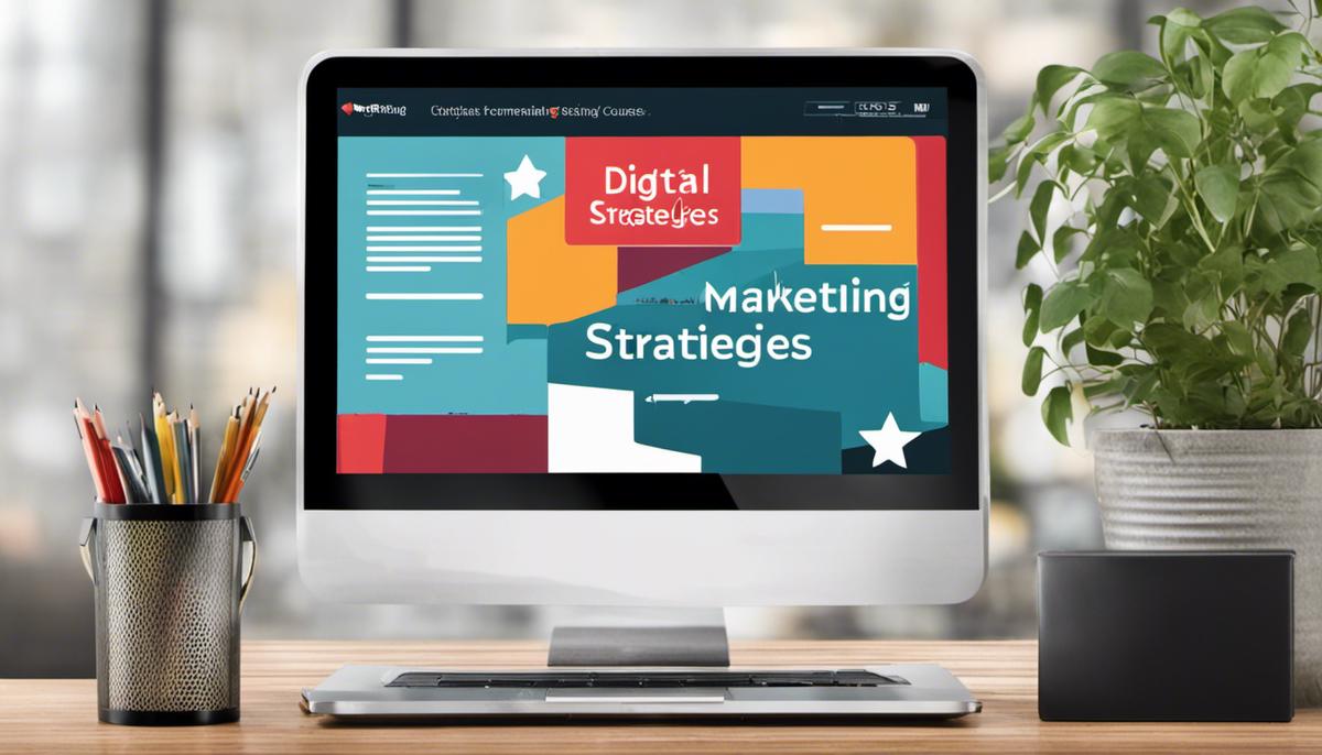 A laptop with digital marketing strategies written on the screen, representing the concept of digital marketing strategies for online courses.
