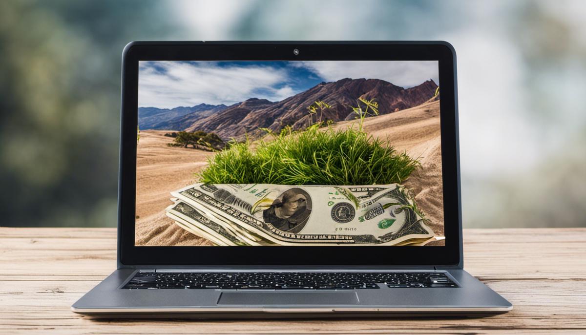 Image of a laptop and money, representing the concept of earning revenue from selling digital products on a blog