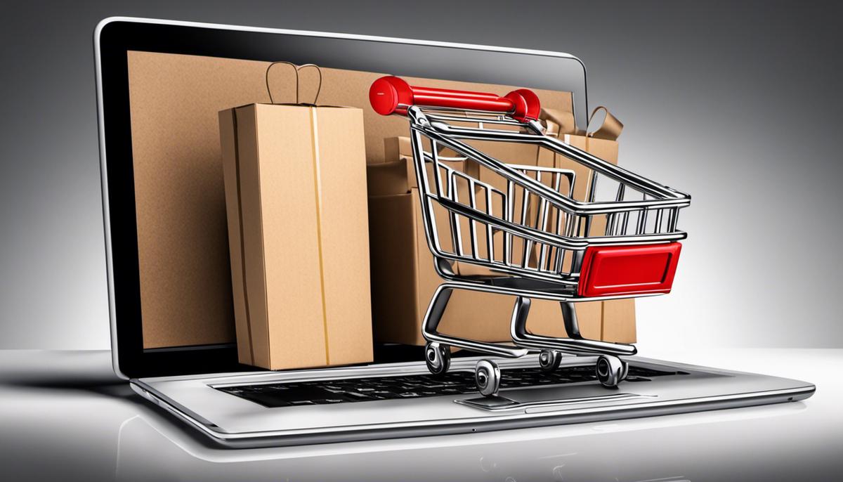Image illustrating the concept of e-commerce basics, showing a laptop with a shopping cart icon on the screen.