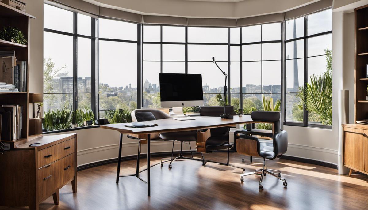A well-organized home office with a clean desk, ergonomic chair, and natural lighting.