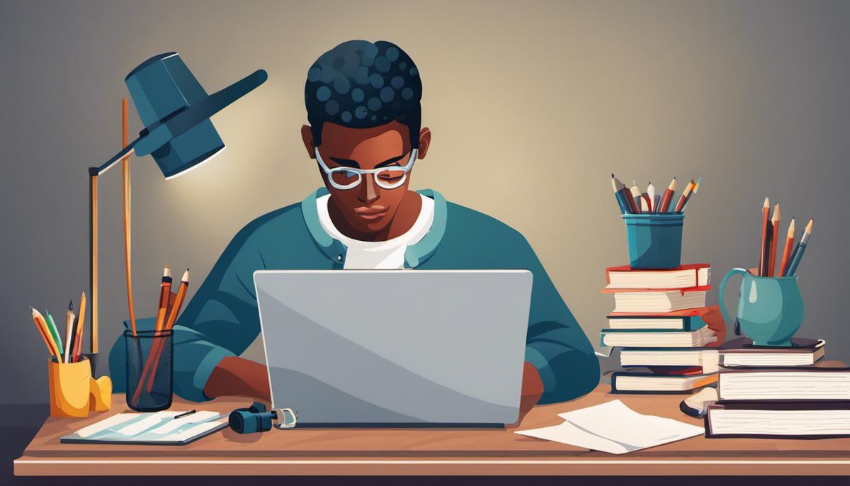 Illustration of a person working on a laptop with writing materials around, representing the topic of finding freelance writing jobs