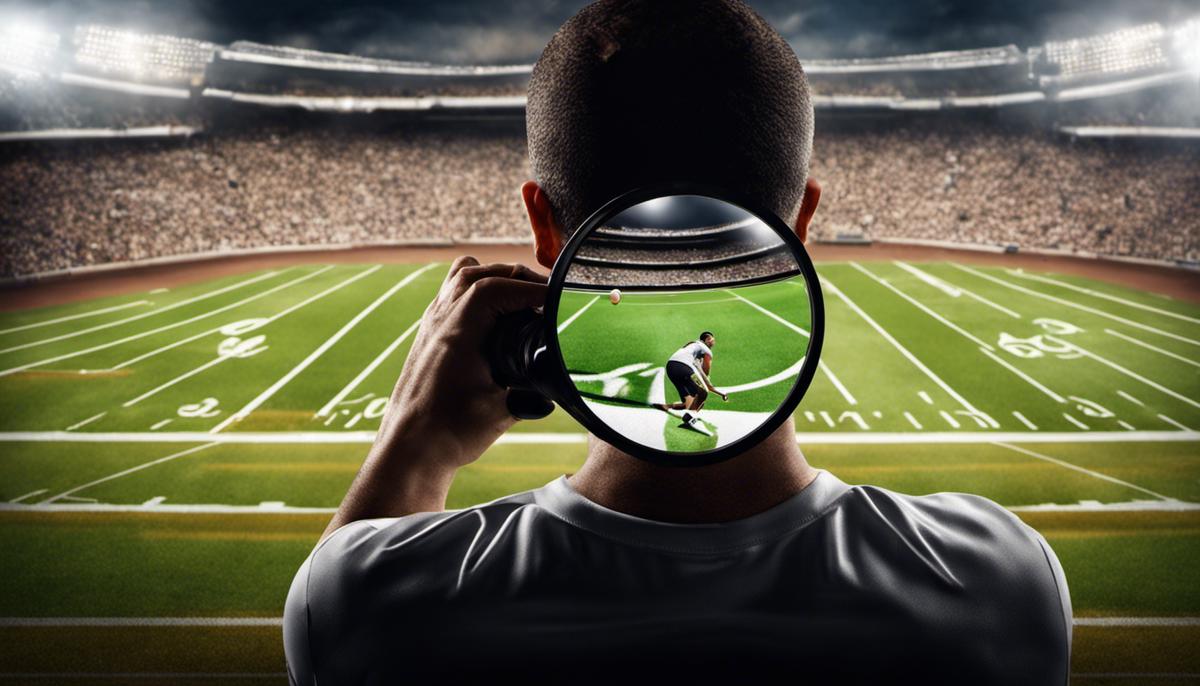 A person focusing on one sport with a magnifying glass, representing the importance of specialization in sports betting.