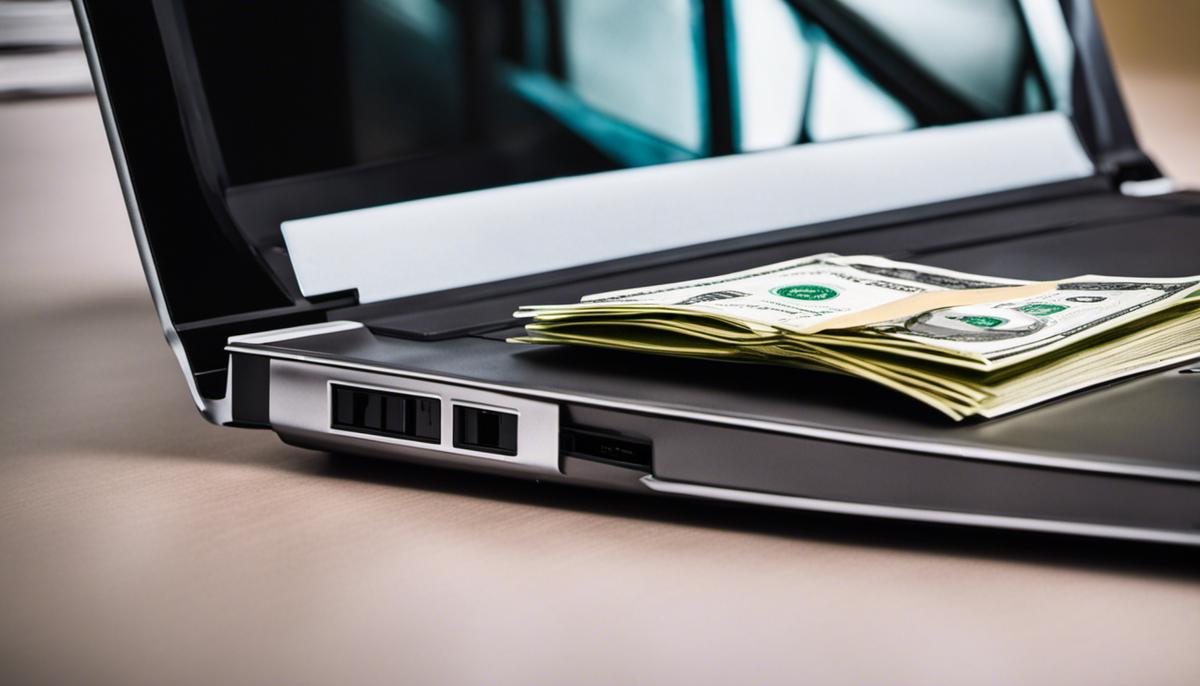 A laptop with a stack of cash on the keyboard, representing freelance writing opportunities