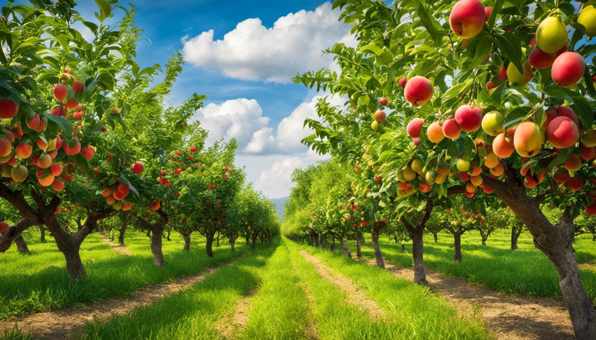 Image of a fruit farm with healthy trees and ripe, colorful fruits.