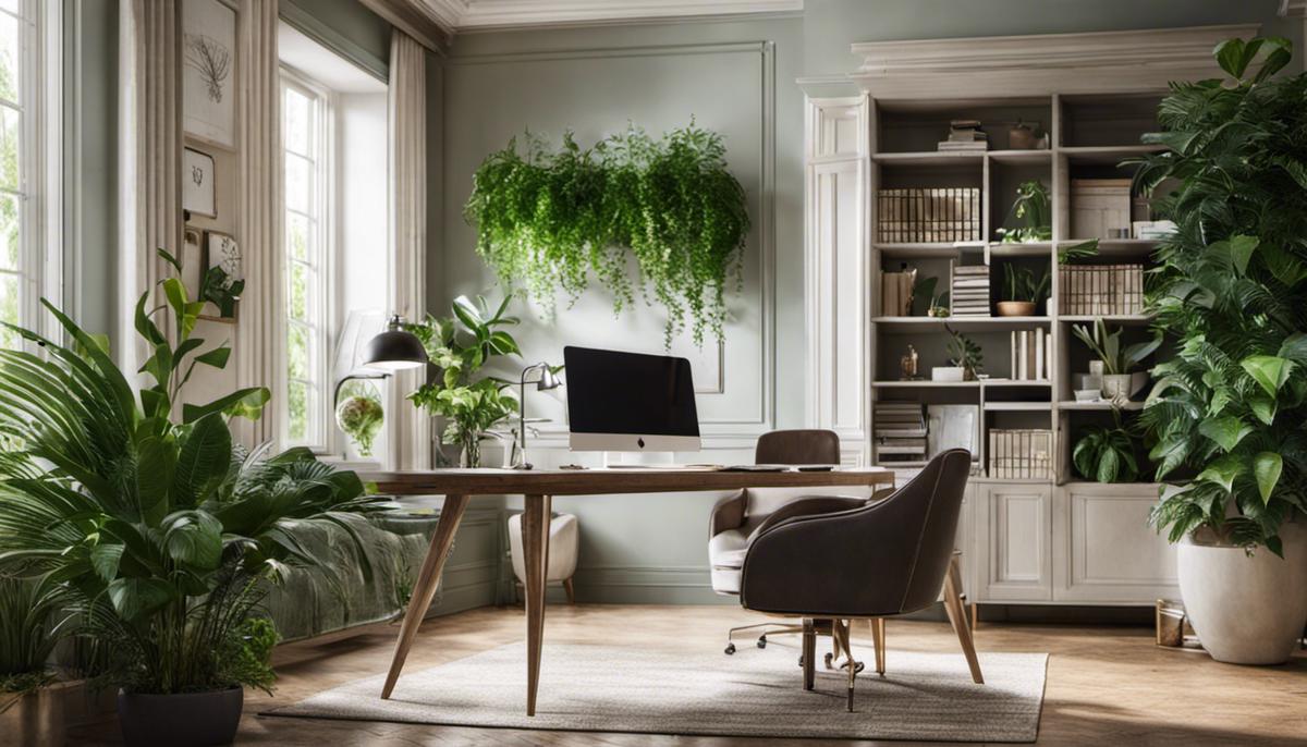 Image of a home office with green plants on the desk and shelves