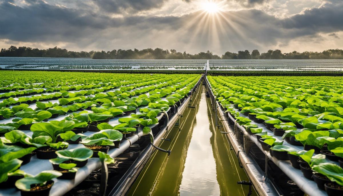A photo of a hydroponic farm with rows of plants growing in nutrient-rich water solutions.