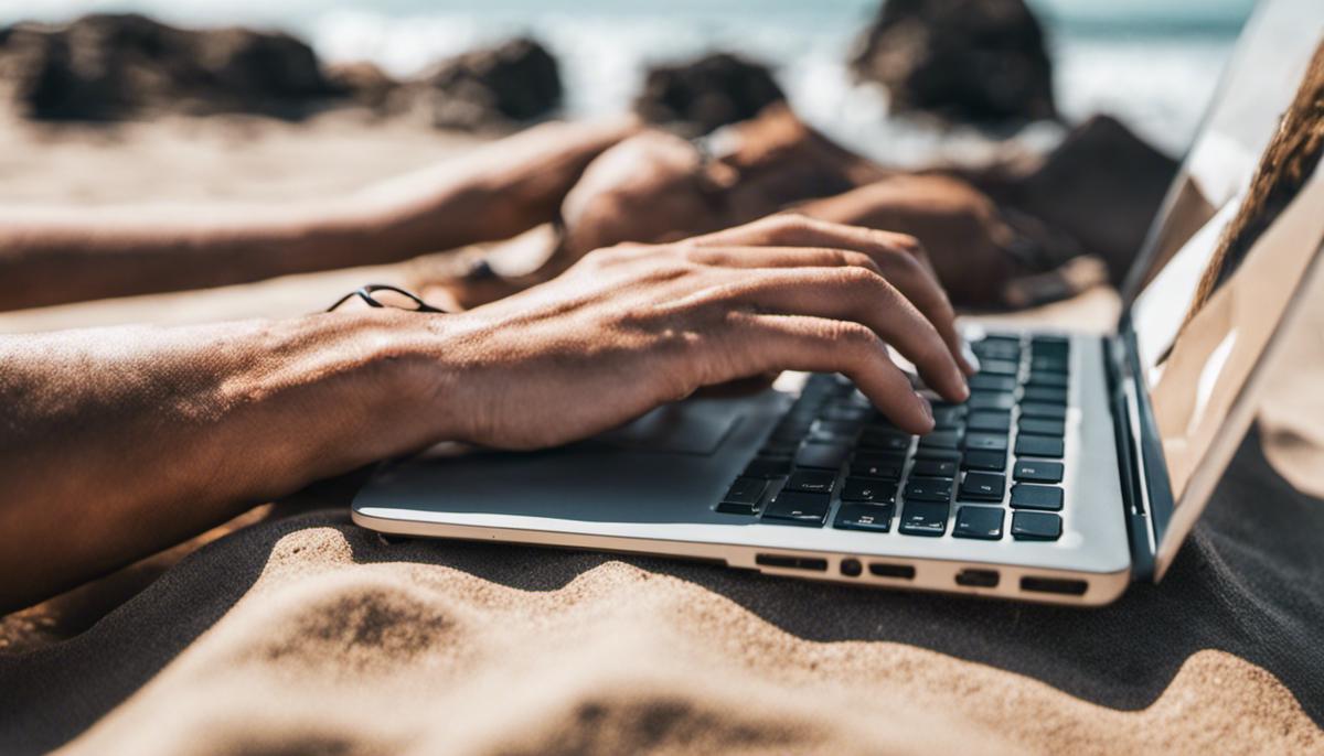 A person typing on a laptop keyboard while sitting on a beach, representing the concept of maintaining consistency in travel blogging
