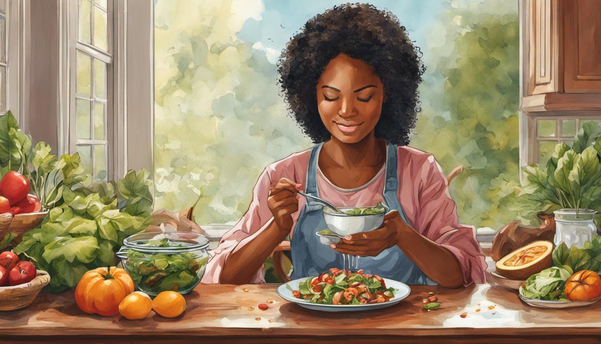 Illustration of a person practicing mindful eating, focusing on a nutritious meal.