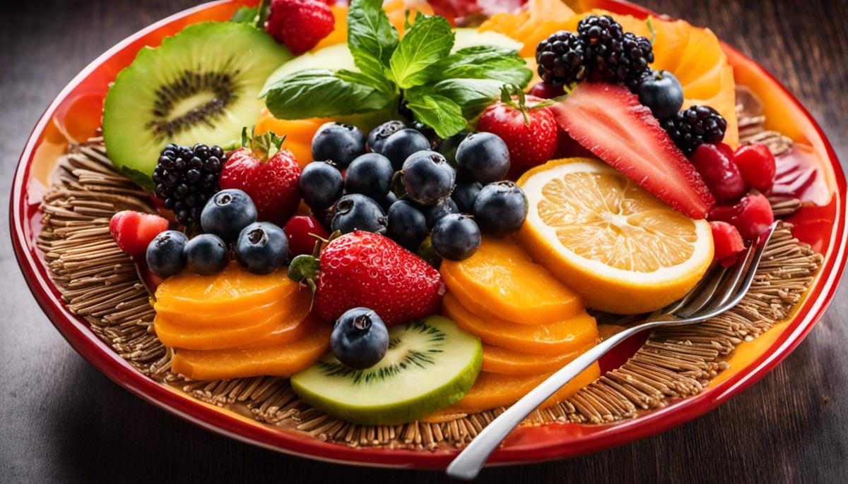 A colorful plate with various fruits, vegetables, and grains, symbolizing mindful eating techniques