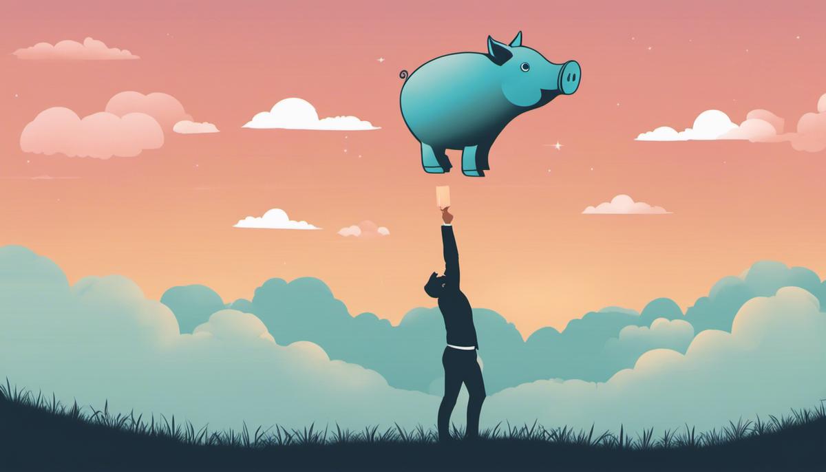 A person holding a piggy bank up to the sky, symbolizing the idea of turning knowledge into monetary gains for passive income.