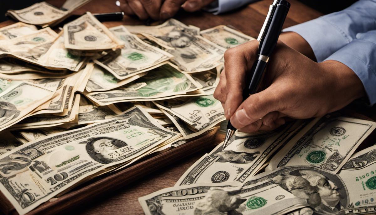 A person writing on a desk with dollar bills surrounding them, representing the concept of monetizing expertise.