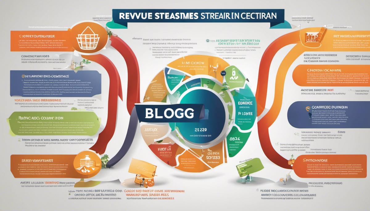 Image illustrating different revenue streams for a blog, including ads, affiliate marketing, sponsored content, selling products or services, running a membership or subscription program, and creating an online course or webinar.