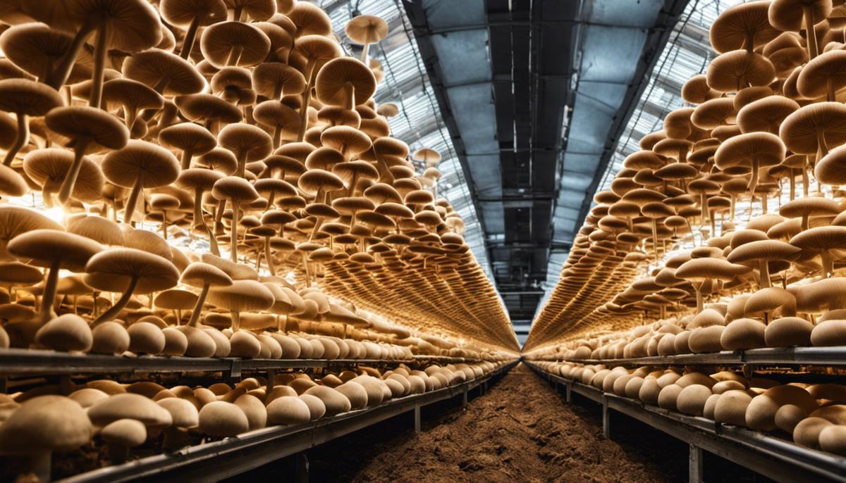Image of a mushroom farm, showcasing rows of mushrooms growing indoors in controlled conditions.