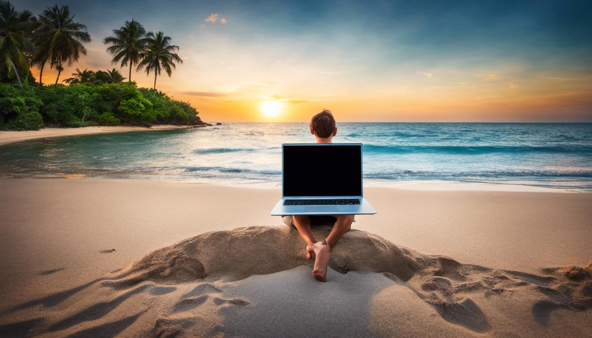 Image of a person sitting on a beach with a laptop and a cocktail, representing the concept of passive income and financial freedom.