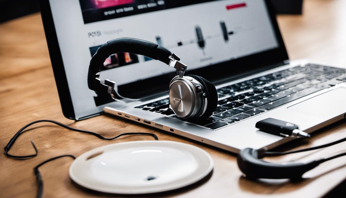 An image of a laptop with headphones on top, representing podcast SEO