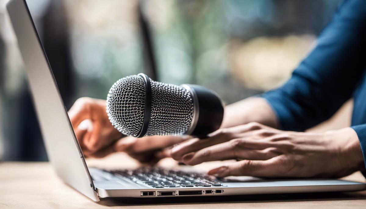 Image depicting a person holding a microphone and a laptop, representing the concept of Podcast SEO-Optimized Topics.