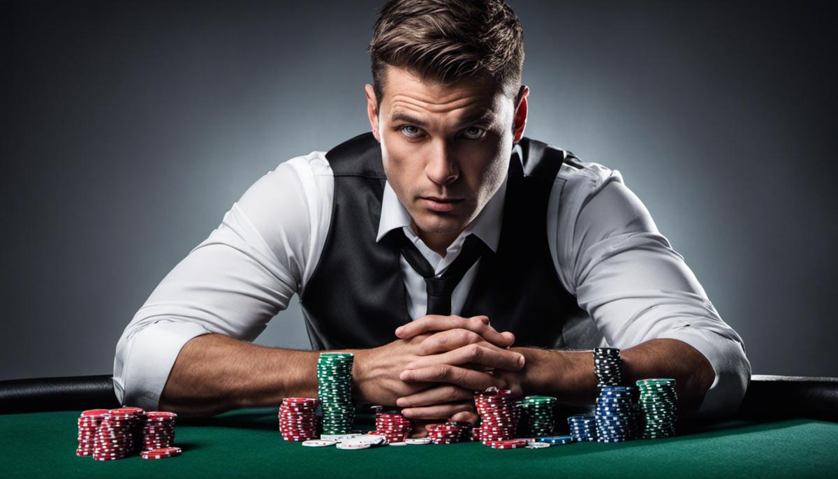 Image depicting a player with crossed arms, touching their face, and holding poker chips, representing physical tells in poker.