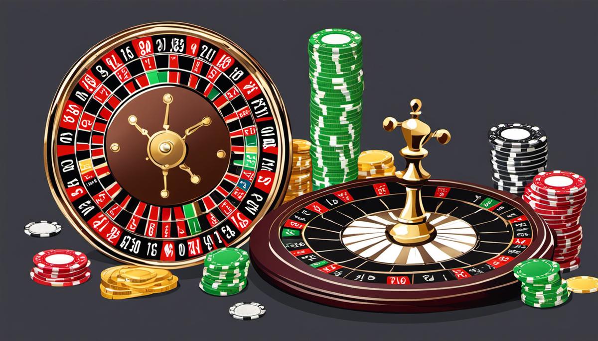 Image describing progressive betting strategies, showing a roulette wheel, a deck of cards, and a stack of casino chips.
