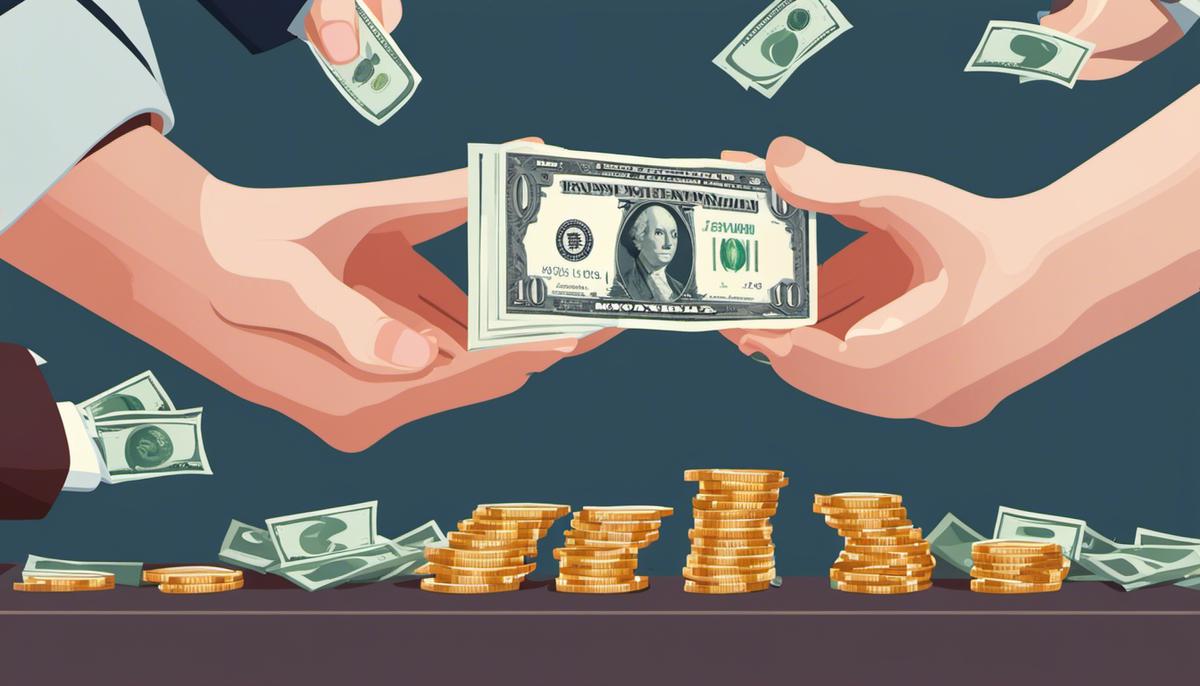 Illustration of hands exchanging money for backlinks