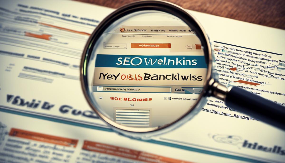 A magnifying glass over a website with arrows pointing towards it, representing the concept of SEO and backlinks