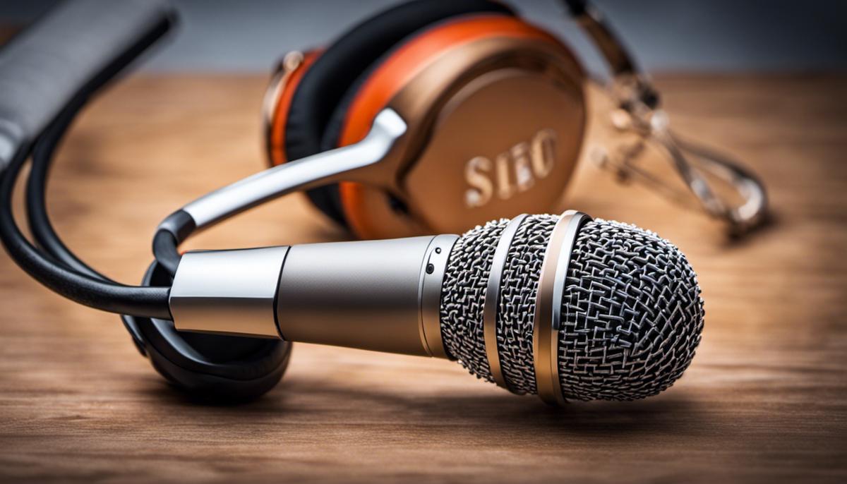 An image depicting a microphone and headphones with SEO keywords around them