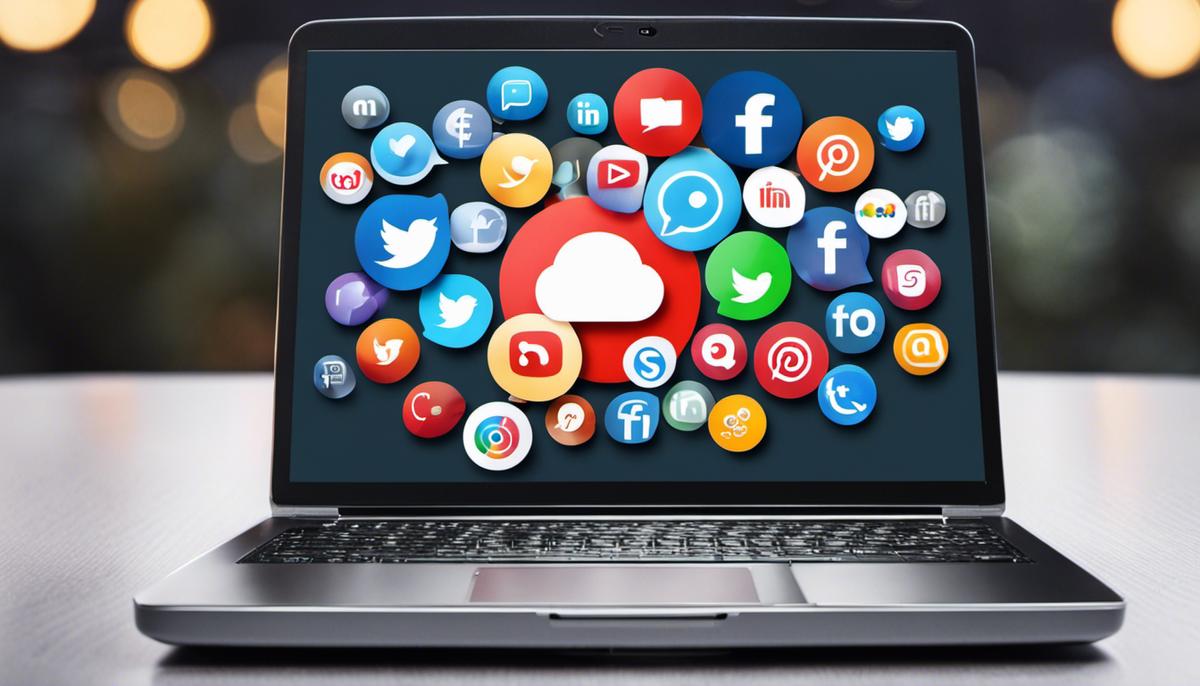 A laptop with social media icons on the screen representing the importance of social media in affiliate marketing