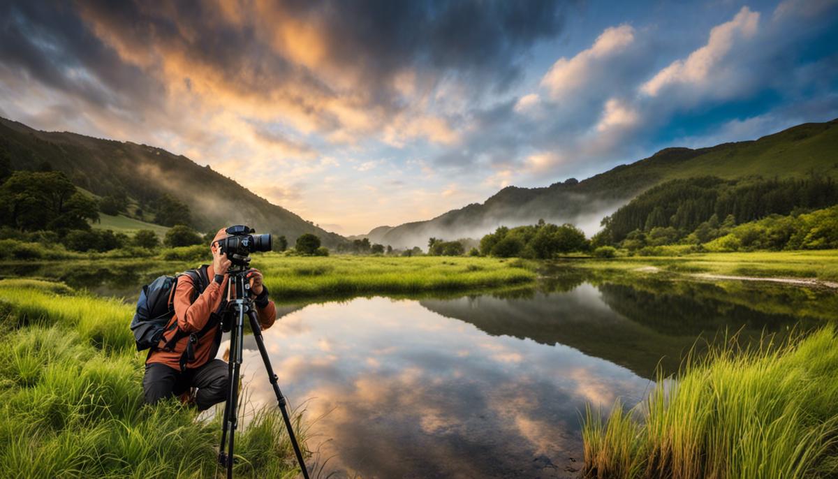 An image showing a photographer shooting a landscape with a professional camera on a tripod.