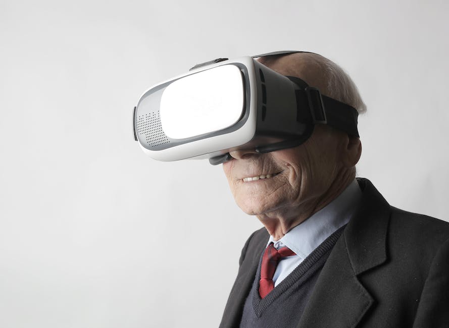 An image of a person wearing a virtual reality headset and immersed in a virtual landscape.