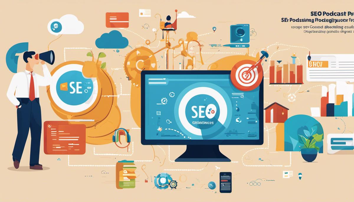 Illustration showing different elements of SEO for podcasting, including keyword research, on-page SEO, backlink strategy, conducting SEO audit, staying updated on SEO trends, and deploying podcast SEO for content strategy.